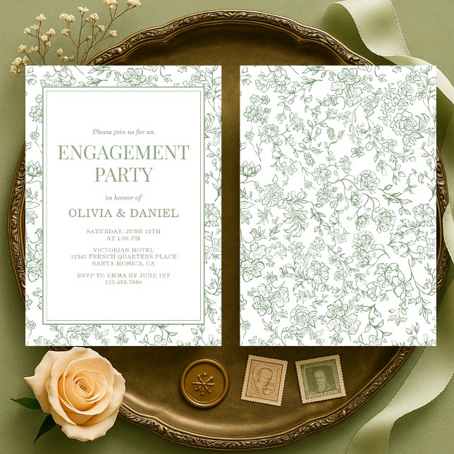 Sage Green Vintage French Floral Engagement Party Invitation (Creator Uploaded)