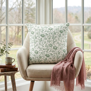 Sage Green Vintage Garden French Floral Toile Throw Pillow