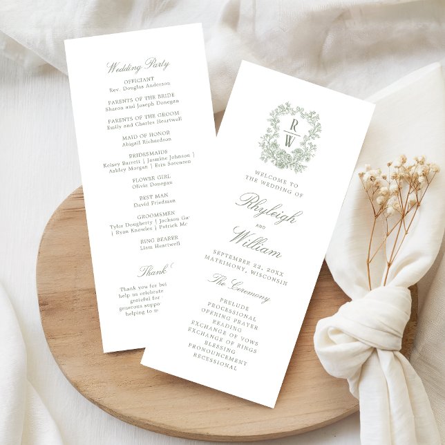 Sage Green Vintage Monogram Crest Wedding Program (Creator Uploaded)