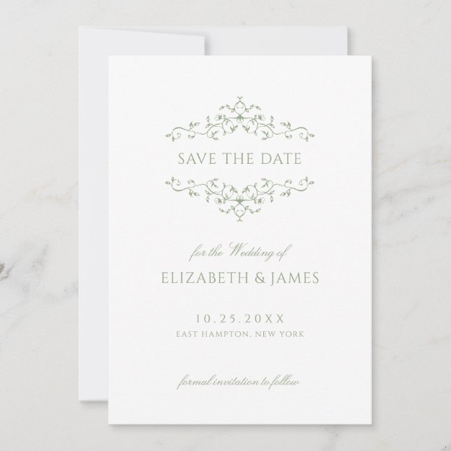 Sage Green Vintage Ornamental Save The Date (Front)