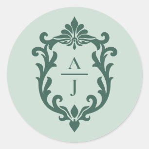 Sage Green Vintage Ornate Crest Wedding Classic Round Sticker