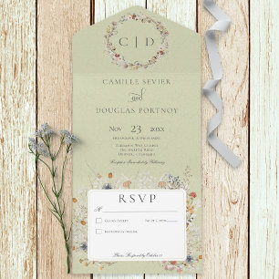 Sage Green Vintage Romantic Wildflower No Dinner All In One Invitation