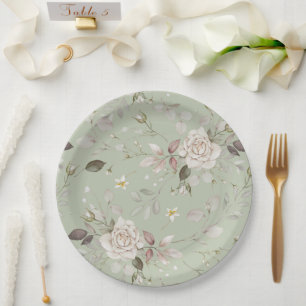 Sage Green Vintage Rose Floral Dinner Paper Plate