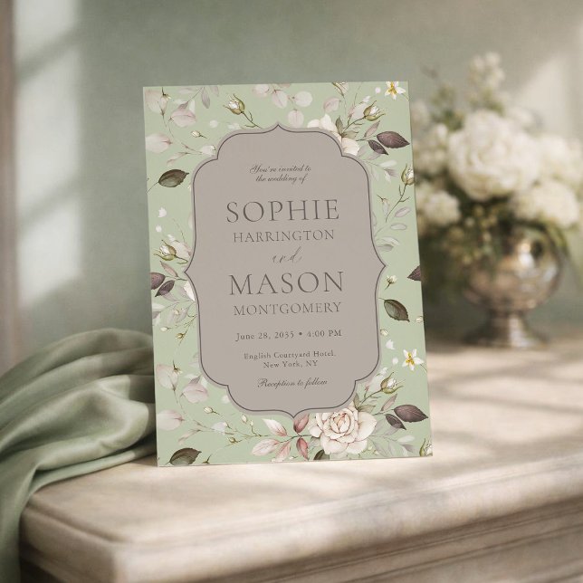 Sage Green Vintage Rose Wedding Invitation (Créateur téléchargé)