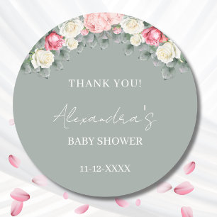 Sage Green Vintage Roses Baby Shower Thank You  Classic Round Sticker