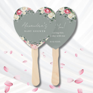 Sage Green Vintage Roses Baby Shower Thank You Hand Fan