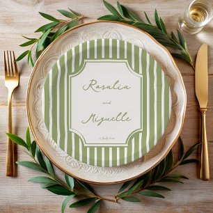 Sage green vintage stripes wedding personalized paper plate