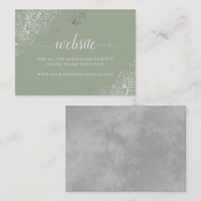 Sage Green w/ Elegant Silver Lace Wedding Website Enclosure Card (Front/Back)