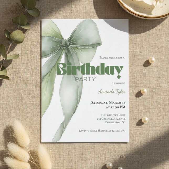 Sage Green Watercolor Bow Birthday  Invitation (Sage green watercolor bow birthday invitation with elegant neutral design)