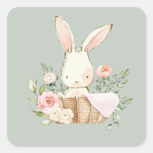 Sage Green Watercolor Bunny Rabbit Square Sticker