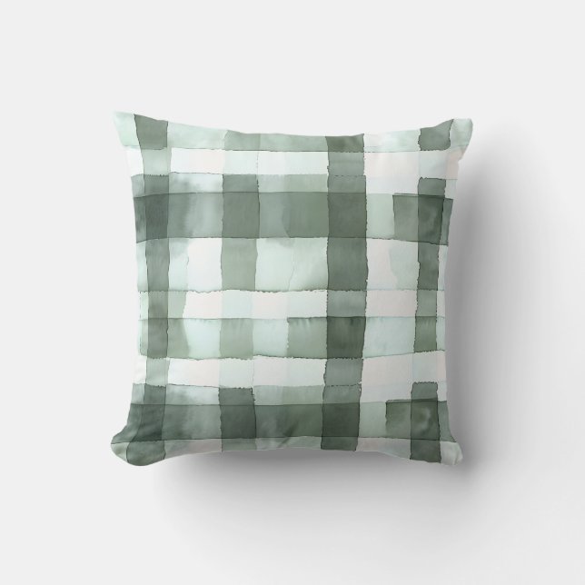 Sage Green Watercolor Chequered Throw Pillow (Front)