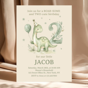 Sage Green Watercolor Dino 2nd Birthday  Invitation