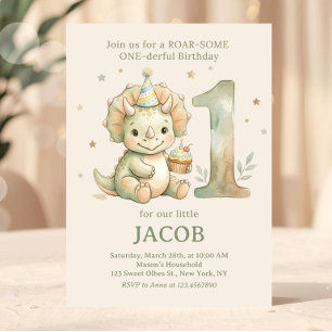 Sage Green Watercolor Dino First Birthday  Invitation