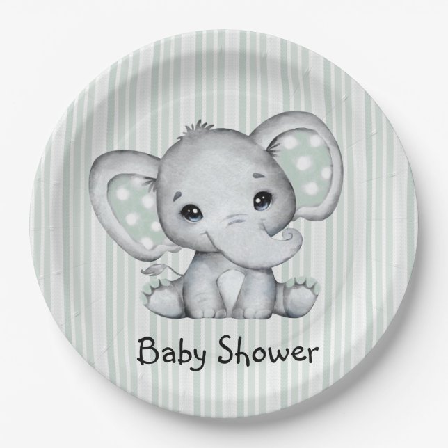 Sage Green Watercolor Elephant Neutral Baby Shower Paper Plate (Front)
