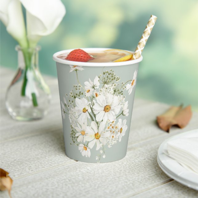 Sage Green Watercolor Floral Daisy  Paper Cups (Insitu)