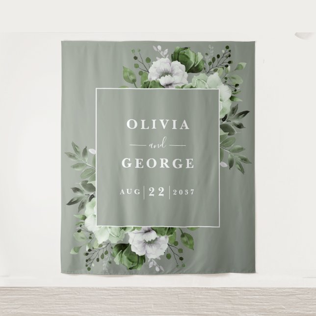 Sage Green Watercolor Floral Photo Booth Backdrop Tapestry (Front)