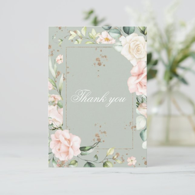 Sage Green Watercolor Floral Quinceañera Thank You Card (Standing Front)
