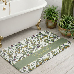 Sage Green Watercolor French Country Olive Pattern Bath Mat