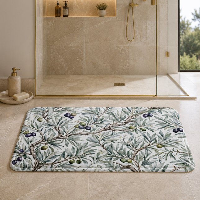 Sage Green Watercolor French Country Olive Pattern Bath Mat (Creator Uploaded)
