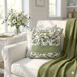 Sage Green Watercolor French Country Olive Pattern Throw Pillow