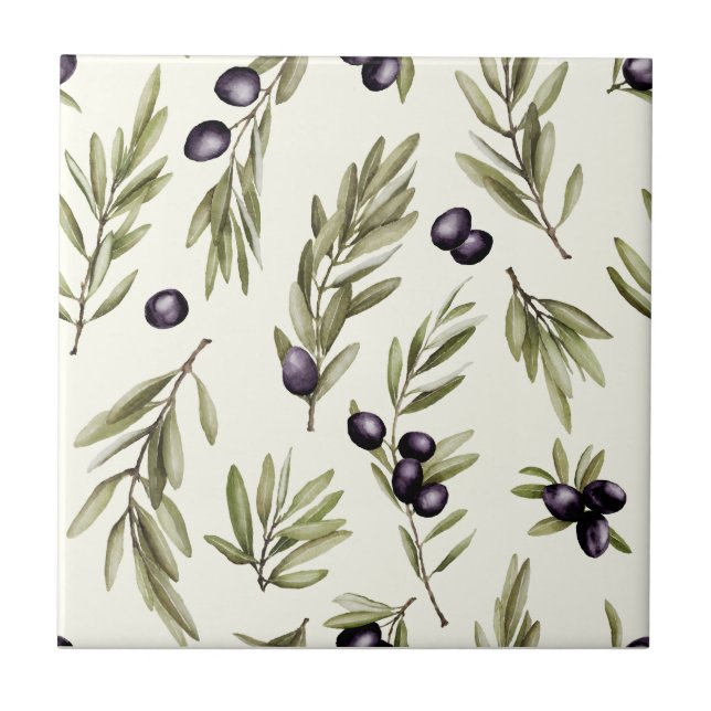 Sage Green Watercolor French Country Olive Pattern Tile (Front)