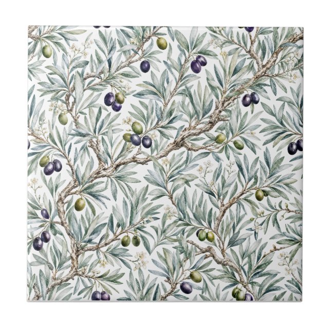 Sage Green Watercolor French Country Olive Pattern Tile (Front)