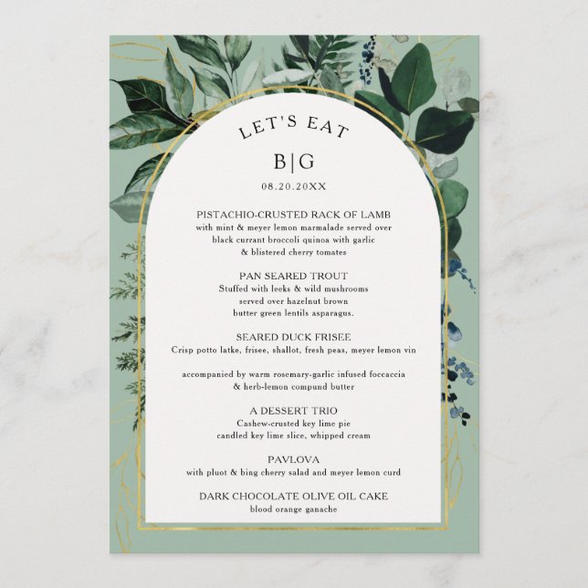 Sage Green watercolor Greenery Boho Arched Menu (Front)