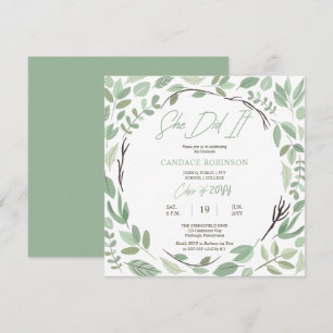 Sage Green Watercolor Leaf Frame Graduation Party Invitation