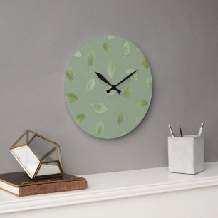 Sage Green Watercolor Leaf Pattern Large Clock