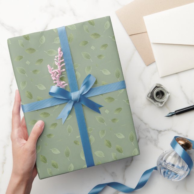 Sage Green Watercolor Leaf Pattern Wrapping Paper (Gifting)