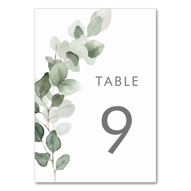 Sage Green Watercolor Leaves Wedding Reception Table Number (Front)