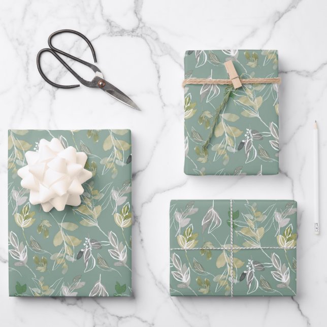 Sage Green Watercolor Leaves Wrapping Paper Sheet (Front)