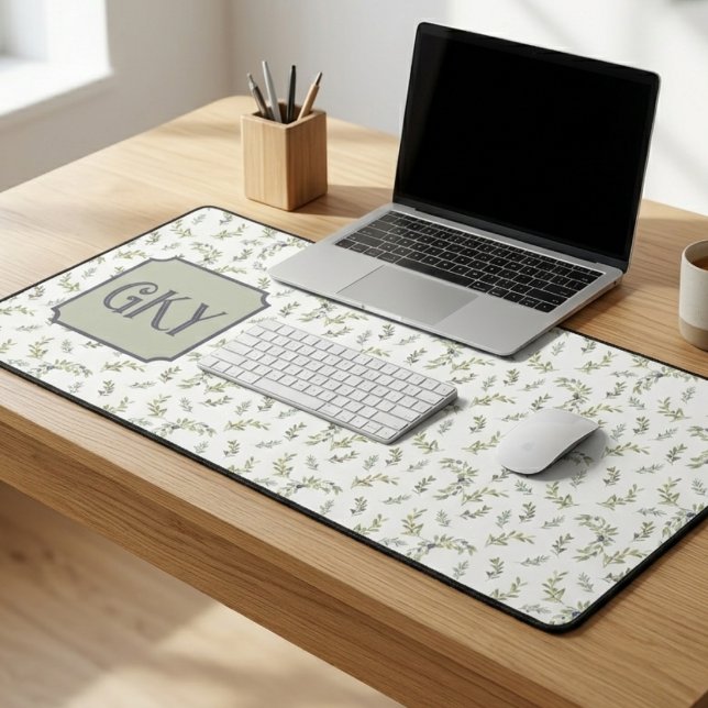 Sage Green Watercolor Monogram Chic Olive Pattern Desk Mat (Creator Uploaded)