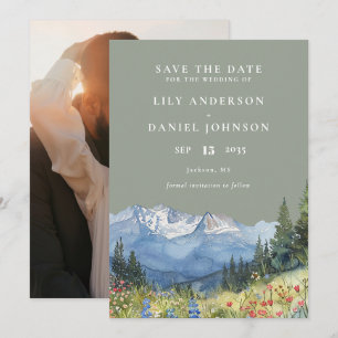 Sage Green Watercolor Mountain Photo Wedding Save The Date