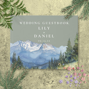 Sage Green Watercolor Mountain Wedding Photo Guest Book