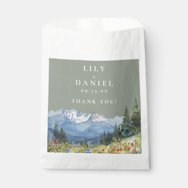 Sage Green Watercolor Mountain Wildflower Wedding Favour Bag (Front)