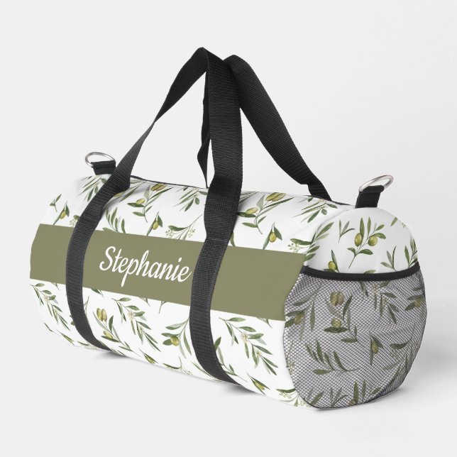 Sage Green Watercolor Olives Monogram Duffle Bag (Right Corner)