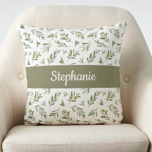 Sage Green Watercolor Olives Monogram Name Throw Pillow