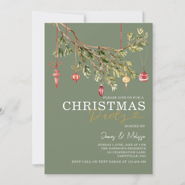 Sage Green Watercolor Ornament Christmas Party Invitation (Front)