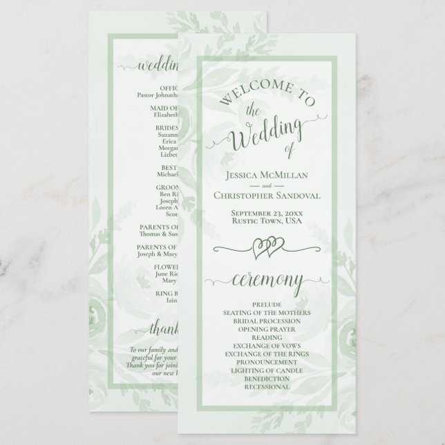Sage Green Watercolor Peonies Elegant Boho Wedding Program (Front/Back)