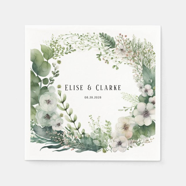 Sage Green Watercolor Peony Wedding Napkin (Front)