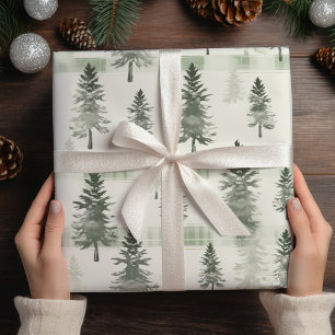 Sage Green Watercolor Pine Trees & Plaid Christmas Wrapping Paper