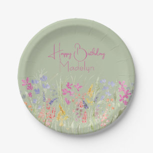 Sage Green Watercolor Wildflower Birthday Paper Plate