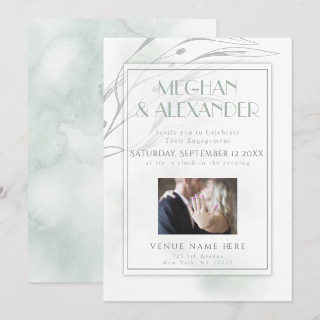 Sage Green Watercolor Willow Branch Photo Frame Invitation (Front/Back)