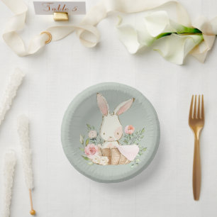 Sage Green Watercolor Woodland Bunny Paper Plate