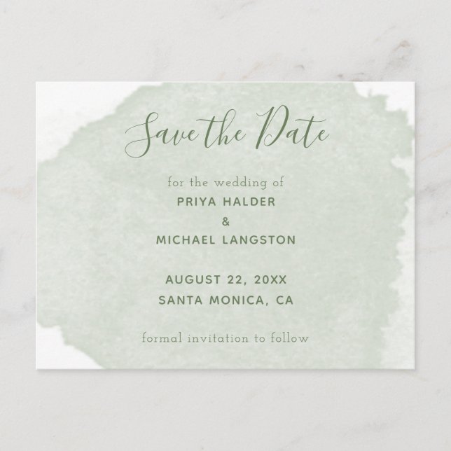 Sage Green Watercolour Splash Save The Date Announcement Postcard (Front)