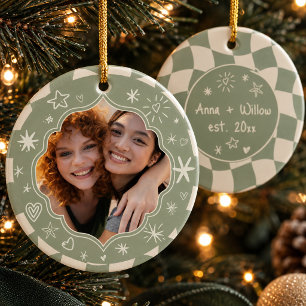 Sage Green Wavy Chequerboard Best Friends Photo Ceramic Ornament