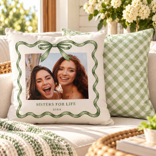 Sage Green Wavy Watercolor Ribbon Bow 2 Photo Throw Pillow