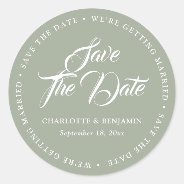 Sage Green We Are Getting Married Save The Date Classic Round Sticker (Front)