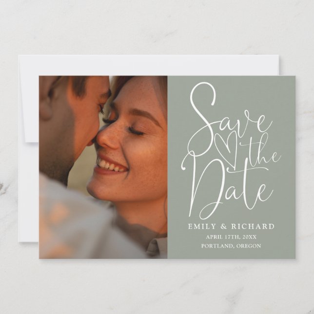 Sage Green Wedding 2 Photo QR Code Elegant Script Save The Date (Front)
